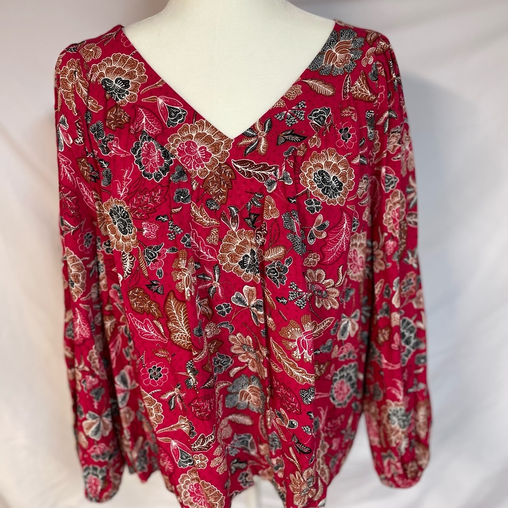 Ann Taylor Factory Women’s XL Pink Floral Relaxed V Neck Blouse - Picture 2 of 10